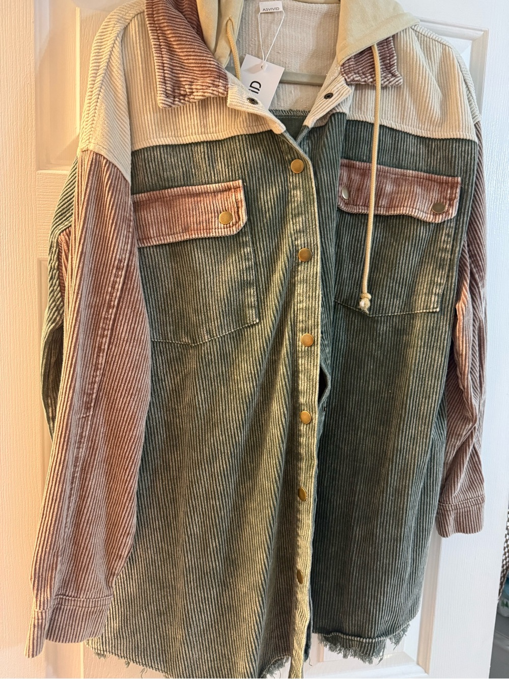 Asvivid- Corduroy Patchwork Shacket in Olive, Cream & Mauve